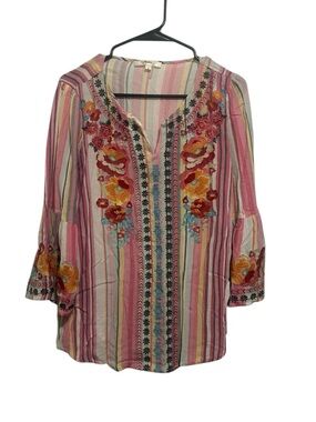 ANDREE BY UNIT Pink Multicolor Embroidered Stripe Tunic